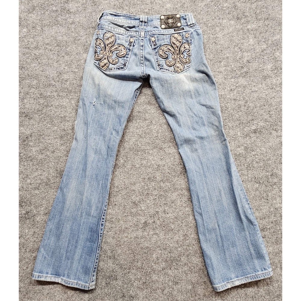 Y2K Womens Jeans Miss Me 29 Light Wash Low Rise Bootcut Fleur De Lis Rhinestone